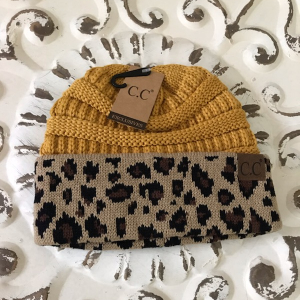 Mustard and Leopard print CC beanie